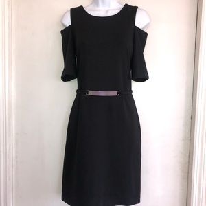 Michael Kors XS Black Bare Shoulder Belted Dress Silver Exposed Zipper EUC